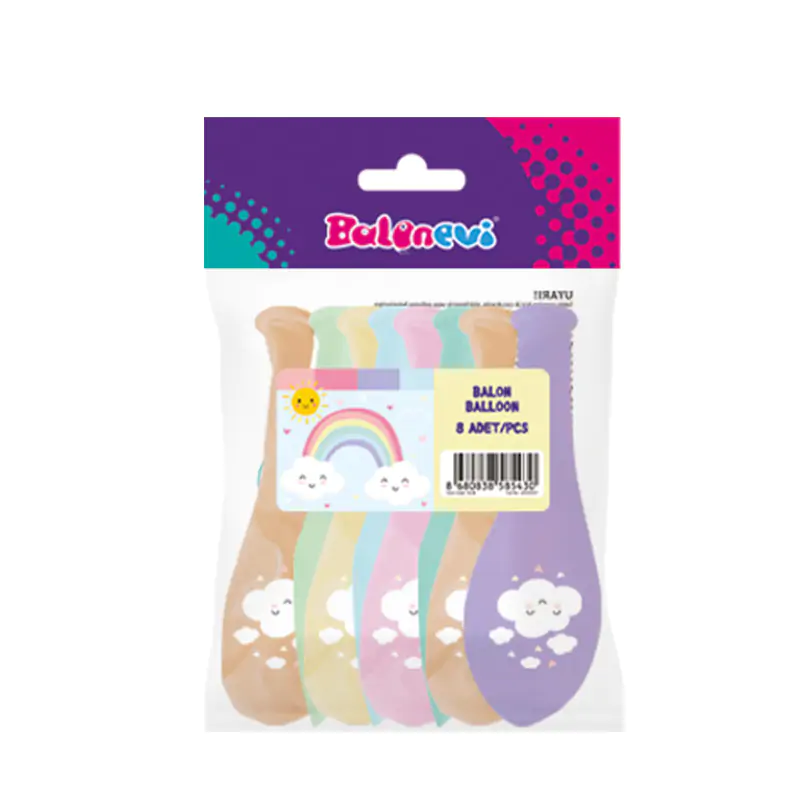 4+0 Gökkuşağı Bulut 12” Pastel Balon 8’li